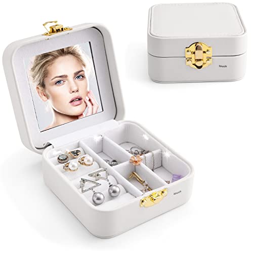 Zicac Jewelry Box Organiser Small Jewelry Storage Case with LED light for Rings Pendant Earring Necklace Bracelet Organizer Storage Holder Boxes Travel pack Jewelry box Girls Women(White) (DH-JZSN29)