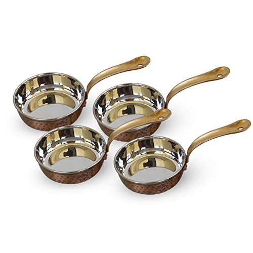 Indian Art Villa Steel Copper Hammered Antique Dark Tone Design Fry Pan with Brass Handle, Serveware & Tableware, Home Restaurant, 23 Oz, Set Of - 4