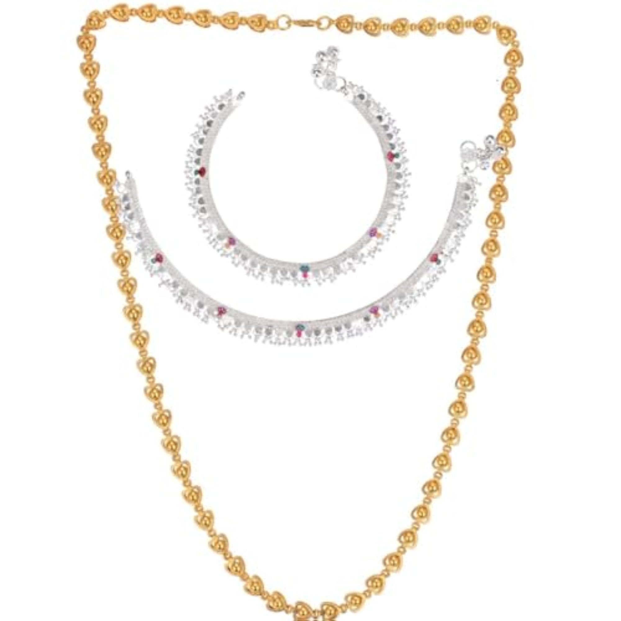 Elegant Silver Plated Anklets & 22" Gold Plated Chain Set for Women