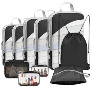 10 Set Compression Packing Cubes, Lightweight Travel Essentials, Stretchable Expandable Storage Bags, Compression Bags for Travel Accessories Luggage Storage Set (10 Pcs, Black)