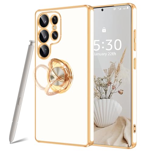 Coque Galaxy S25 Ultra silicone antichoc aimantée anneau support rotatif blanc or