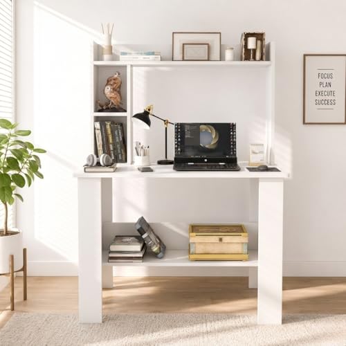 Image of SPYDER CRAFT Modern Daisy Engineered Wood Study Table with Storage Shelf | Clean Minimalist Computer Desk for Home, Office, & Bedroom | Durable & Easy to Clean (White) (DIY Assembly)
