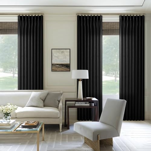 Image of Black Linen Semi Sheer Curtains 96 Inches Long for Living Room Pleated | Bedroom, Light Filtering, Textured, Burlap, Pinch Pleated, Hooks Rings, Back Tab, for Sliding Glass Door, 1 Panel, 96 Length