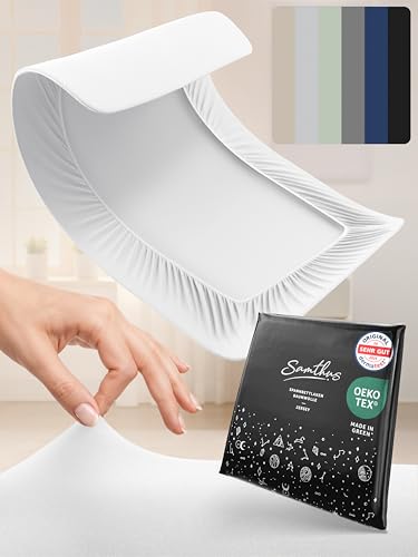 Samthus Spannbettlaken 180x200cm - Oeko-Tex Made In Green - Jersey Bettlaken Spannbetttuch aus 100% gekämmter Baumwolle - auf Hautverträglichkeit getestet - Bezug für Matratzen 15-25cm - Weiß