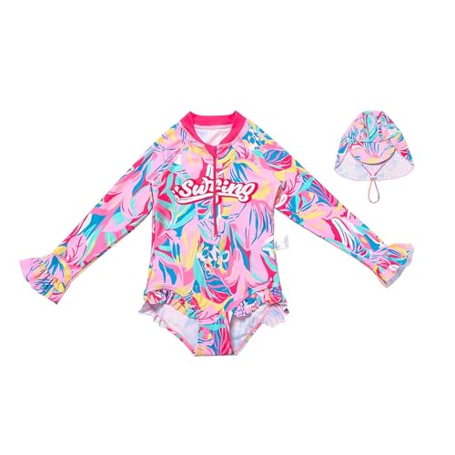 Traje de baño niño niña manga larga rosa flores volantes triángulo piscina playa verano ropa de baño chica linda, rosa fuerte, 2-3 Años
