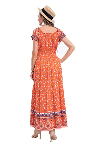 Image of OSTOO Women's Floral Maxi Dress Boho Summer Short Sleeve Smocked Waist Tiered Long Dress