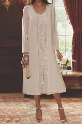 Mother of The Bride Dress with Jacket Sequin Chiffon 2 Piece Tea Length Formal Outfits for Grandmother2
