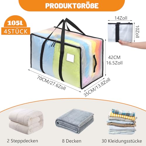 Dntorx 4 Stück 105L Große Aufbewahrungstasche mit Deckel, Faltbare Transparente Umzugskartons Groß mit Reißverschluss Griffe Kleideraufbewahrung Umzugstaschen für Umzug Camping Bettwäsche Aufbewahrung