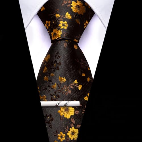 Image of Barry.Wang Floral Ties for Men Flower Necktie with Tie Clip Formal