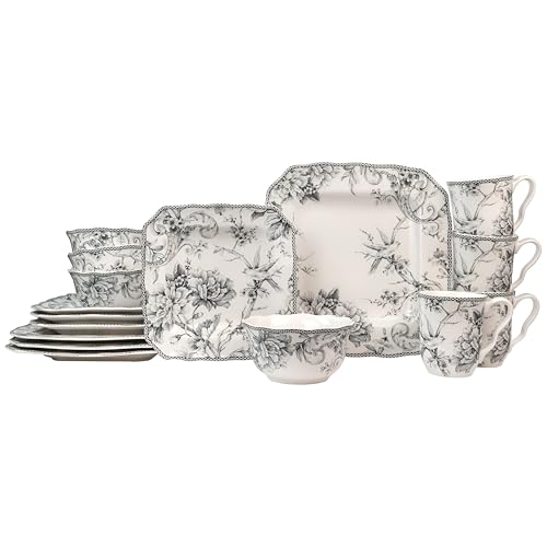 222 Fifth Adelaide Grey 16-Piece Floral Porcelain Dinnerware Set | Microwave and Dishwasher Safe Dining Set for 4 | Stackable and Chip-Resistant Plates Bowls and Cups | Gift for Housewarming & Wedding