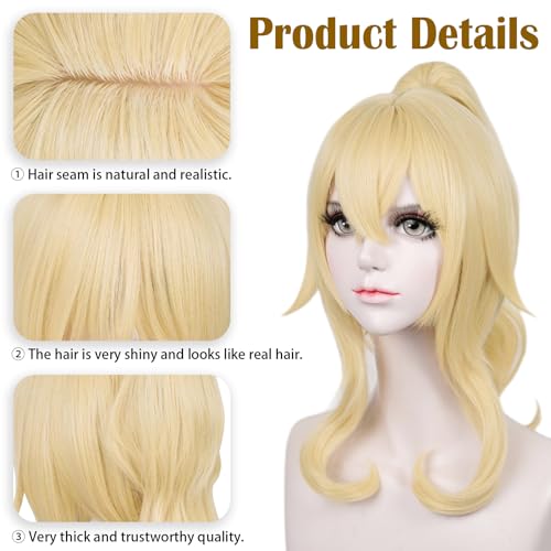 Image of LABEAUTE Blonde Ponytail Cosplay Wig for Jean, Golden Princess Wavy Hair with Pigtails Bangs + Wig Cap for Halloween Peach Costume