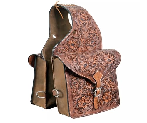 Western Handmade Western Horse Trail Riding Heavy Duty Genuine Leather Saddle Bag Carving, Size Carving Horse Saddle Bag Medium Oil Leather One Size (Black)