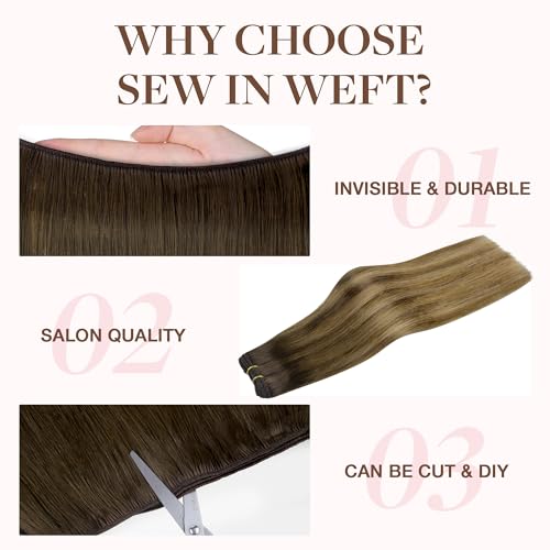 Image of GOO GOO Sew in Hair Extensions Real Human Hair, Weft Hair Extensions Human Hair, 4D /14 /5B Brunette Balayage 22inch 110g, Weft Bundles Straight Silky Remy Hair
