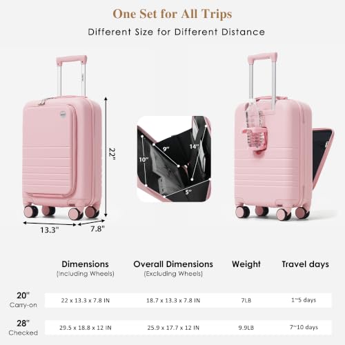 Image of 4-Piece Luggage Set, Suitcase with TSA Lock Travel Duffel Bag Wet-Dry Toiletry Bag, Pink Front-Opening