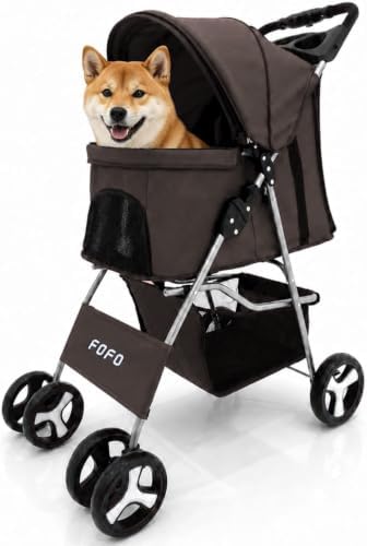 （07:00時点） [fofo] ペットカート 犬用カート 耐荷重20kg 犬猫兼用 小型犬 中型犬 飛び出し防止リード ブレーキ付 軽量4.7kg 折りたたみ ブラウン