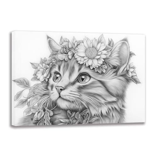 Peinture murale chats et fleurs dessin crayon toile 60x90