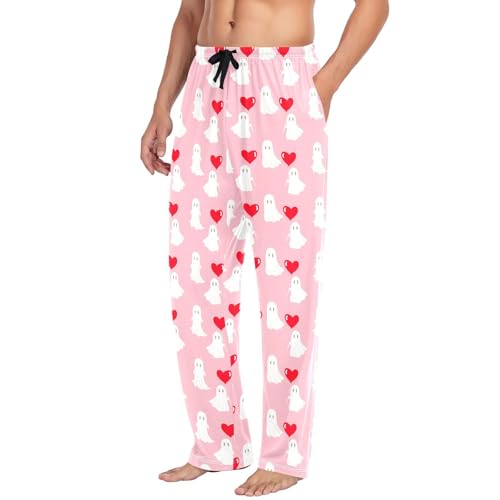 White Spirits with Hearts Men's Cotton Pajama Pants with Pockets and Drawstring Comfortable and Stylish,S4