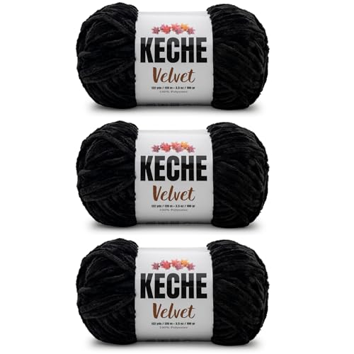 Image of Keche Velvet Yarn for Crocheting, Soft Chenille Bulky Baby Blanket Amigurumi Yarn 3x100 gr (3x132 yds) (3- Skeins) - Black