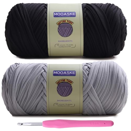 Image of Mooaske 2 Pack T-Shirt Crochet Yarn for DIY Knitting Crochet Cloth Blanket Bag Dolls - 400g Chunky Thick Yarn for Crocheting with Polyester-Spandex Blend Elastic Fabric (Black+Gray)