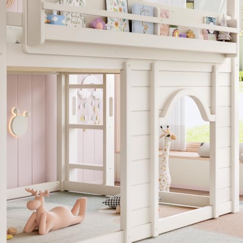 Image of Bellemave Bunk beds Full Over Full with Slide,Bookshelf and Wardrobe House roof Design, Low bunk /loft Bed for Kids,Beige