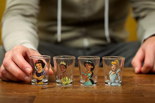 Image of Silver Buffalo Disney Princess Vintage Sketch Featuring Cinderella, Tiana, Snow White, and Jasmine 4 Pack Mini Glasses, 1.5 Ounces