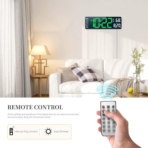 Image of Large-Digital-Wall-Clock Large Display with Remote Control, Automatic Brightness Alarm Clock with Temperature, Date, Week for Living Room Office Decor (16 inch Rectangle Green+White)