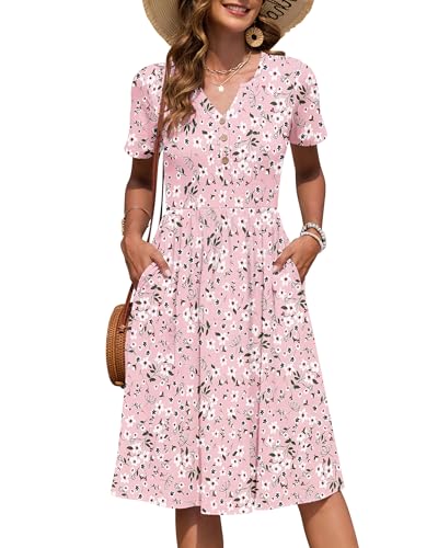 AUSELILY Vestido Verano Manga Corta Mujer Largo hasta La Rodilla Estilo Imperio Informal con Cuello en V Plisado y Bolsillos