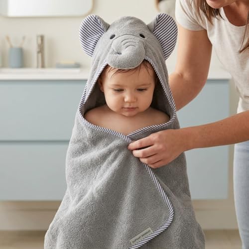 Image of EVERYDAY KIDS Hooded Baby Toddler Bath Towel for Boys and Girls - 3D Gray Elephant with Ears and Trunk; Soft and Absorbent Terry Cloth Hooded Towel for Young Kids; Gender Neutral Baby Bath Essential