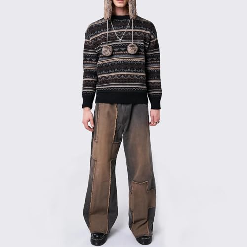 Image of Women Vintage Striped Pullover Sweater Y2k Long Sleeve Crew Neck Loose Knit Sweaters Fall Winter Knitwear