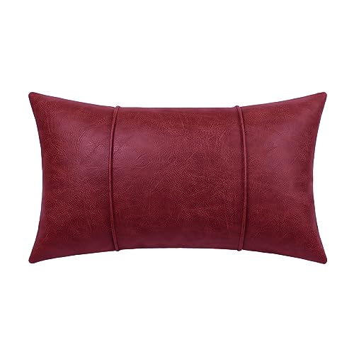 Image of BRAWARM Burgundy Leather Throw Pillow Covers 12 X 20 Inches - Faux Leather Lumbar Pillow Cover with Piping, Hand Stitched Leather Throw Pillow for Couch Sofa Bed Living Room Home Decorative