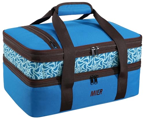MIER Insulated Double Casserole Carrier Bag Thermal Lunch Tote for Lasagna Lugger, Potluck Parties, Picnic, Beach, Fits 9 x 13 Inches Baking Dish, Casserole Dish, Expandable by Mid Zipper, Blue