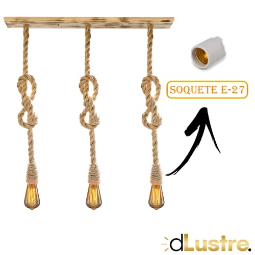 Luminária De Teto Corda Sisal Pendente Ripa Trio Retro Vintage Madeira Rustica
