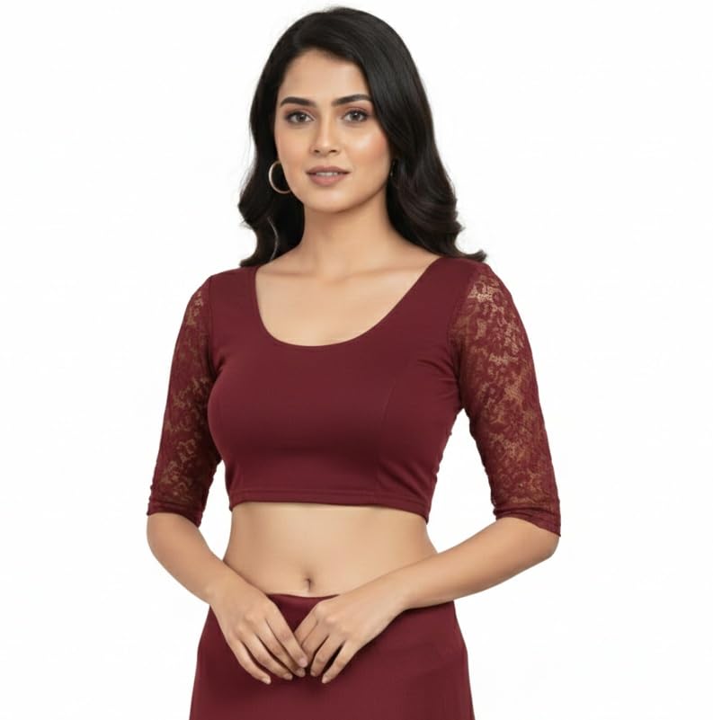 abhi Women’s Stretchable Ready-to-Wear Blouse with Lace Net Sleeves | Below Elbow Sleeves | Ethnic Saree Blouse-picture-10