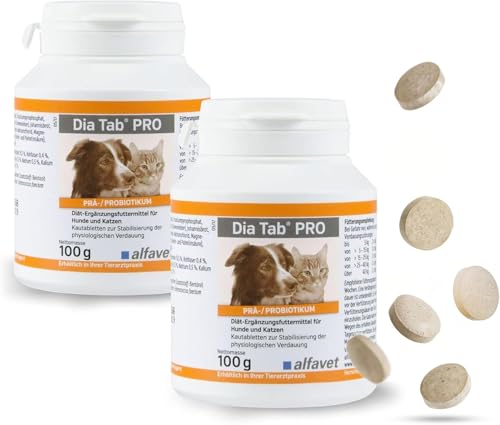 alfavet Dia Tab PRO 2 x 100 g – Diät-Ergänzungsfuttermittel für Hunde & Katzen – Prä- & Probiotika zur Stabilisierung der Verdauung – Leckere Kautabletten mit Bentonit zur Unterstützung der Darmflora