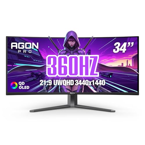 Image of AOC Agon PRO 34 inch Curved Gaming Monitor QD OLED 360Hz G-SYNC, AGP346UCSD | 3440x1440 UWQHD Computer Monitor, 0.03ms, G-SYNC Compatible, HDR, DP 2.1, HDMI 2.1, USB-C, Built-in Speakers, Mic In /Out