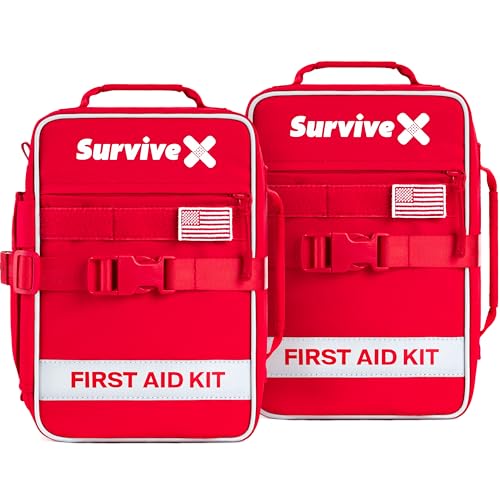 SurviveX Large First Aid Kit for Car, Travel & Home - Emergency Kit for Hiking, Camping, Backpacking and Outdoors - Includes Zip Stitch Wound Closure Strips (Pack of 2)