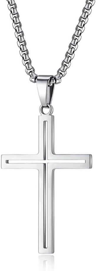 Cross Necklace for Men,Stainless Steel Silver/Gold/Black Crucifix Cubic Zirconia Pendant Necklace Jewelry，60cm Rolo Chain