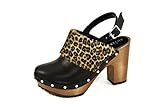  Silfer Shoes - Zoccolo in Pelle di Cavallino e Vero Legno, con Fibbia, Colore Leopardato (41)