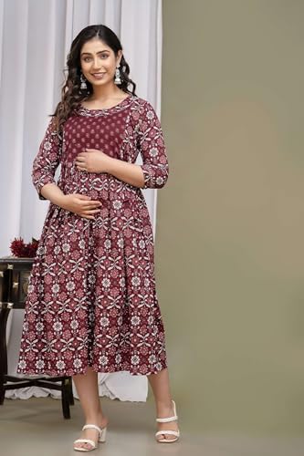 Image of Maternity Feeding Kurtis for Women Cotton - Zip Access Nursing Dress | Comfortable Pregnancy Wear | Stylish Feeding Kurti | Soft Cotton Maternity Dresses for Womens
