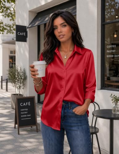 Image of Zeagoo Womens Satin Blouses Button Down Shirts 3 /4 Sleeve Dressy Tops S-2XL