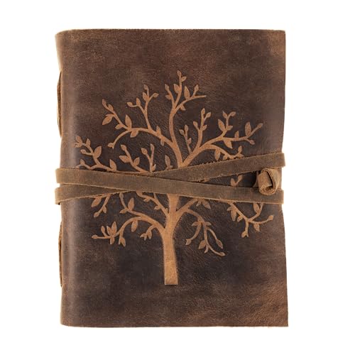 moonster Vintage Leder Notizbuch Baum des Lebens 20x15cm – Handgefertigtes Tagebuch mit 240 Seiten Baumwoll-Büttenpapier – Blanko Skizzenbuch & Lederbuch für Damen & Herren