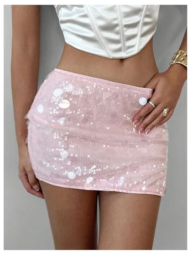 MakeMeChic Women's Sequin Sparkly Skirt Mini Micro Glitter Y2k Low Rise Summer Skirt Light Pink Medium4