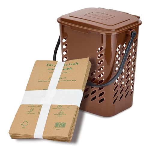 Poubelle à Compost de Cuisine 10L + 20 Sacs Kraft compostables, pour déchets organiques – Bio-Seau aéré Anti-odeurs, avec Couvercle pour la Collecte biodéchets Alimentaire, Marron