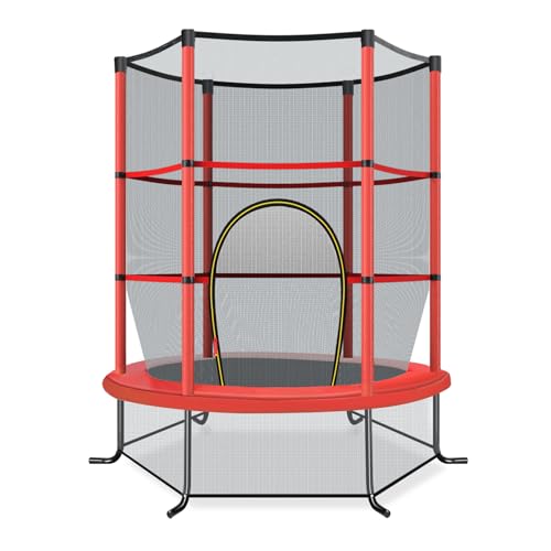 GOPLUS Trampolin Indoor, Kindertrampolin mit Sicherheitsnetz, überdachung, verzinkte Stahlkonstruktion, Sprungmatte, Gartentrampolin rund bis 135kg belastbar (Rot)