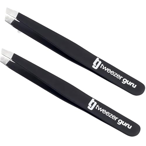 Tweezer Guru Tweezers for Women - 2pc Slant Pointed Precision Tweezers for Eyebrows & Ingrown Hair Removal - Blackhead and Splinter Tweezer with Sharp Needle Nose Point for Plucking (Black)