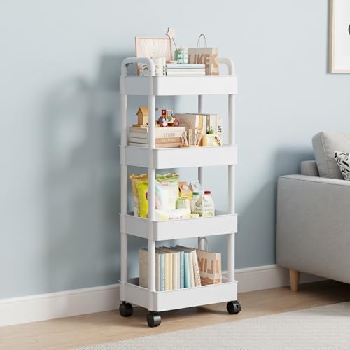 Andwoork 4-Tier Rolling Storage Cart with Lockable Wheels | Heavy-Duty Plastic Utility Cart & Mobile Kitchen Organizer | Multi-Functional Storage Trolley with Handle for Bathroom & Office