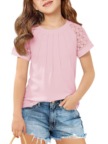 Image of Girls Pleated T Shirts Kids Fashion Lace Sleeve Summer Tops 5-14 Years | Casual Crewneck Blouse,Fashion Clothes