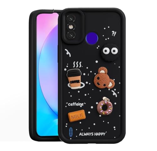 Image of Bintage Cute Fun Ball | Taddy Cartoon 3D Smiley Coffee Cup | Milk Donut | Full Protection Rubber Back Cover Compatible for Tecno KE5K / Spark 6 Go - Black