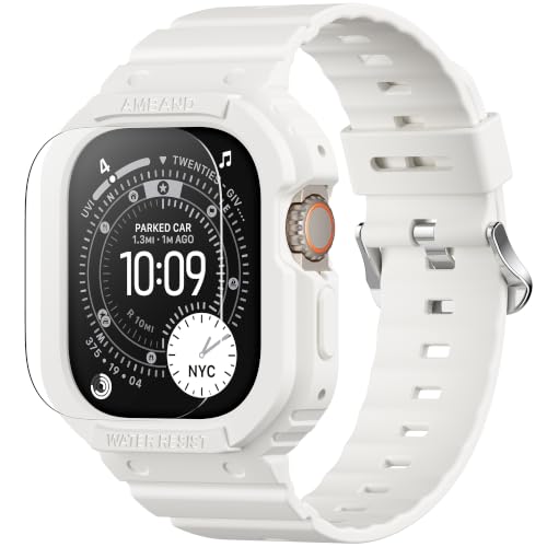 Image of amBand Rugged Band & Case Compatible with Apple Watch Ultra 3 /2 /1 49mm, Military Protective Bumper Cover & Soft Strap, with Screen Protector Kit, Compatible with iWatch Ultra, White - for Men Women