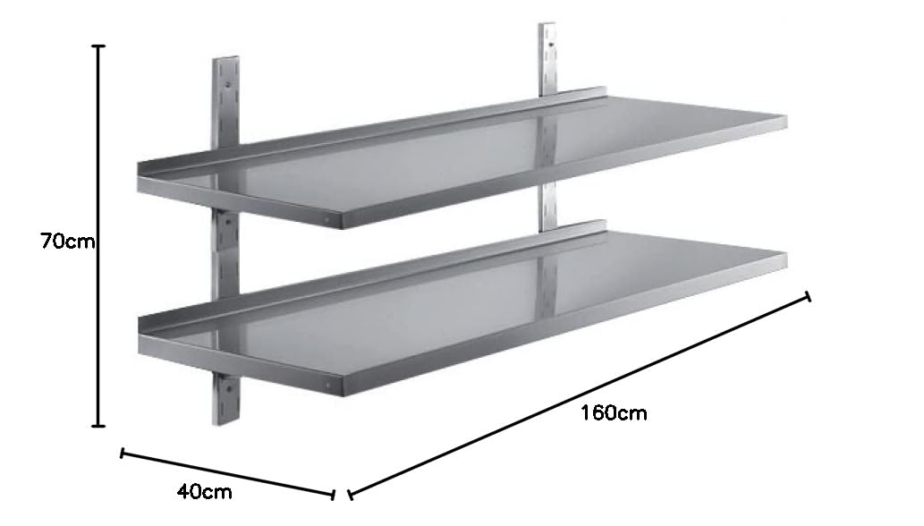 GastroHero Edelstahl Wandregal doppelt I 160 x 40cm Wandbord Gastronomie I Edelstahlregal mit 2 Ablageböden I Hängeregal Edelstahl für Küche & Gastro